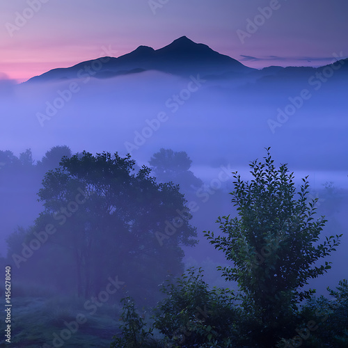 Misty mountain landscape, shrouded in purple hues.