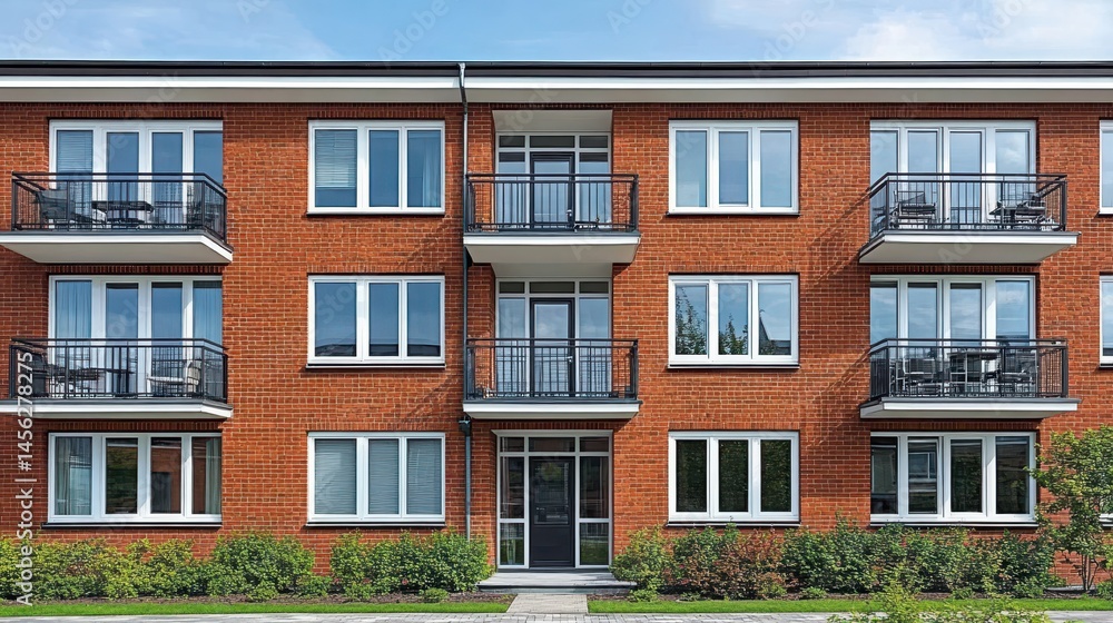 Fototapeta premium Red Brick Apartments Facade with Balconies Residential Building Exterior Architecture Urban Living and Real Estate Development Investment