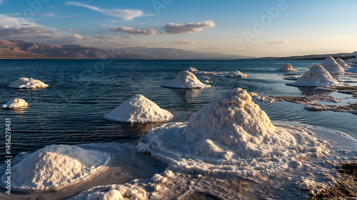 Salt formations in a still lake. Coastal landscape. Mountains in the distance.