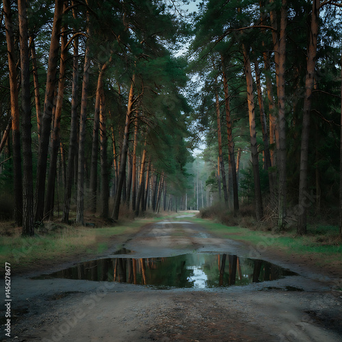 Forest path, trees, reflection of sky.