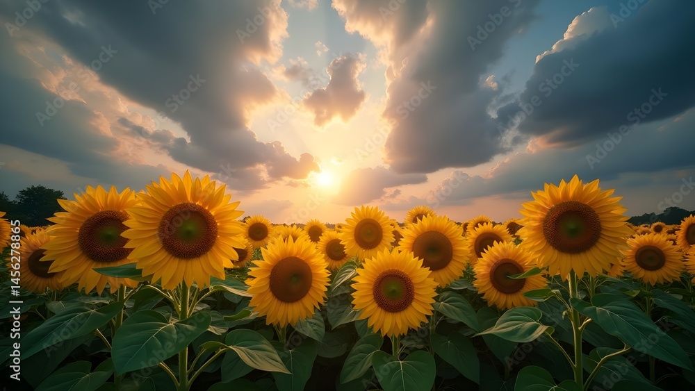 Fototapeta premium Golden Sunflower Field at Sunset Under Dramatic Sky. Captivating nature scene with vibrant blooms and sunlit horizon