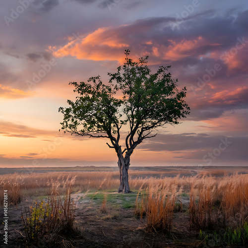 Lone tree against a colorful sunset sky.