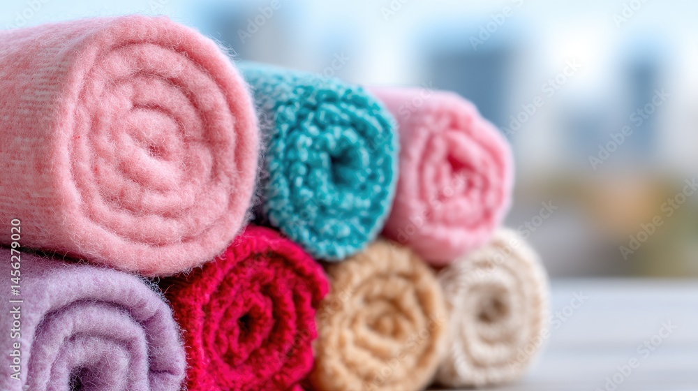 Soft, colorful rolled towels stacked neatly, with a blurred background hinting at a modern setting. Soft, colorful rolled towels stacked neatly, with a blurred background hinting at a modern setting.