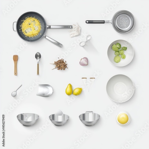 Top view of cooking utensils, ingredients, and tableware arranged aesthetically on a light background showcasing culinary preparation concepts