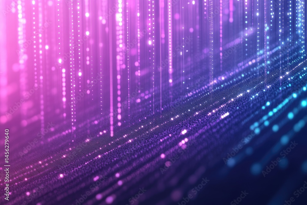 Abstract digital particles, cascading in vibrant gradients of pink and purple, on a dark background. Many small, glowing points create vertical lines and a sense of flowing data Abstract digital particles, cascading in vibrant gradients of pink and purple, on a dark background. Many small, glowing points create vertical lines and a sense of flowing data