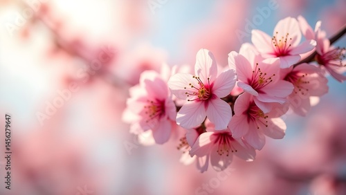 Delicate Cherry Blossoms in Spring: Pink Sakura Flowers Blooming on Branch Against a Soft Sky.