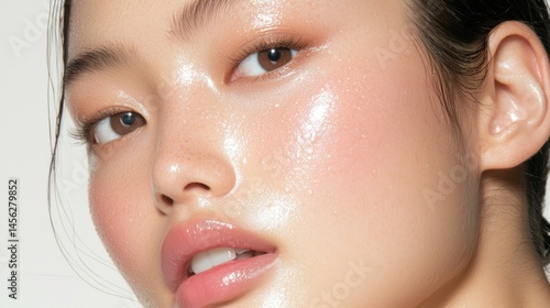 A close up photo showcasing a radiant woman with dewy skin