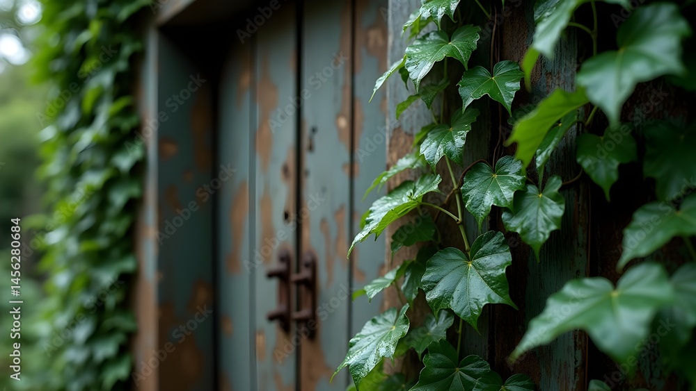Green Ivy Vines Climbing on a Weathered Rustic Wooden Door Green Ivy Vines Climbing on a Weathered Rustic Wooden Door