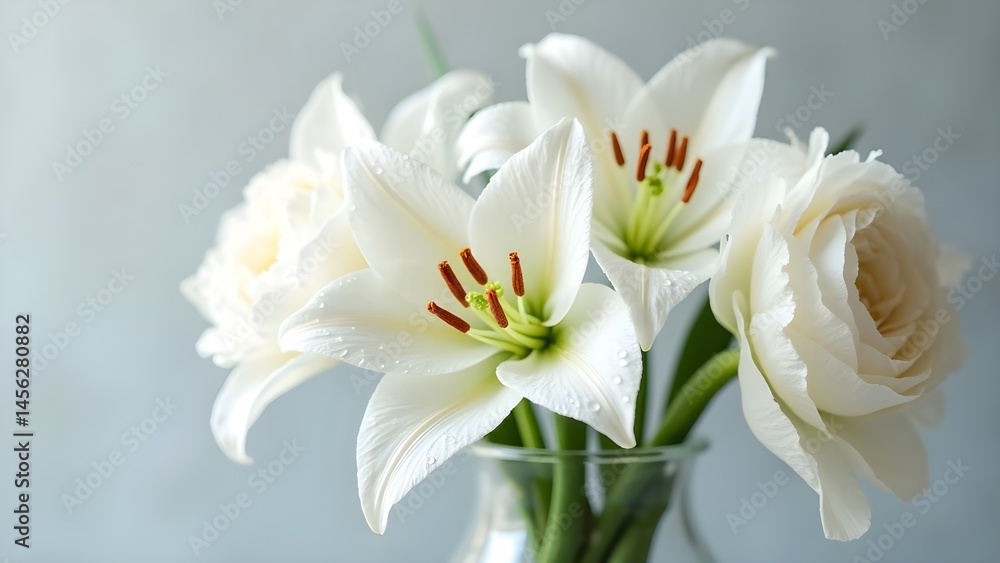 Obraz premium Floral Bouquet of White Lilies and Roses in a Vase for Decoration or Gift - Botanical Still Life