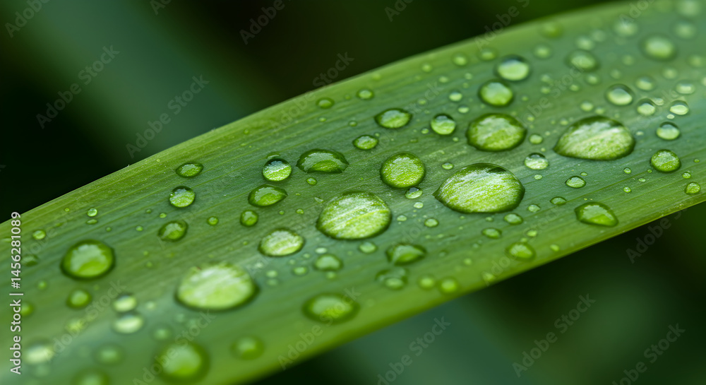 Dew Drops Cling To A Vibrant Green Blade Of Grass In Fine Detail Dew Drops Cling To A Vibrant Green Blade Of Grass In Fine Detail