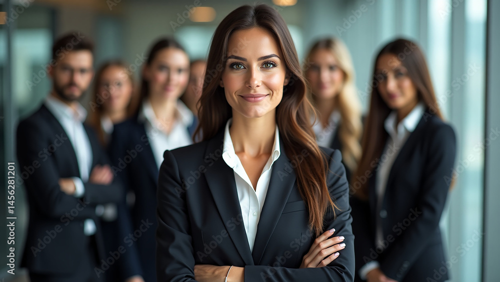The main focus on the smiling business-dressed woman in the foreground shows her important and influential role in the team. Her colleagues behind her appear supportive and solid. The main focus on the smiling business-dressed woman in the foreground shows her important and influential role in the team. Her colleagues behind her appear supportive and solid.