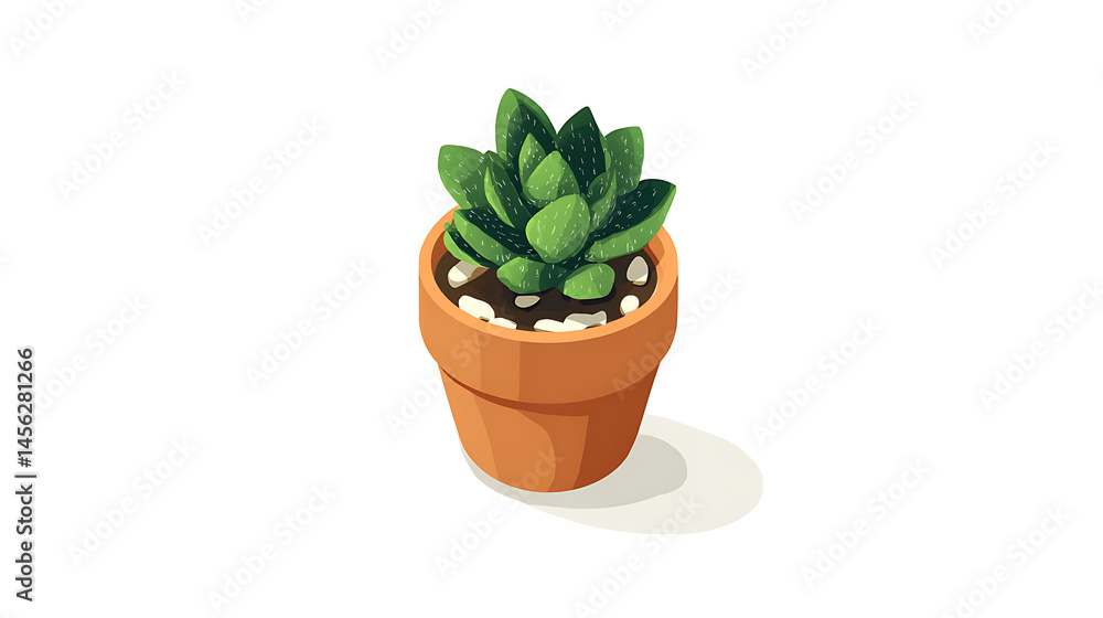 Obraz premium Succulent Beauty in Pot: a meticulously crafted illustration showcasing a vibrant green succulent, potted in an earthy terracotta container with a hint of natural elements