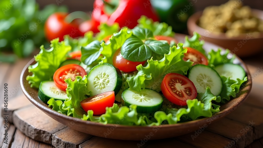 Fresh and Vibrant Salad with Cucumber, Tomato, and Lettuce, a Culinary Delight, on a Rustic Wooden Table Fresh and Vibrant Salad with Cucumber, Tomato, and Lettuce, a Culinary Delight, on a Rustic Wooden Table