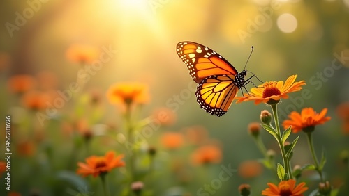 Monarch Butterfly on Orange Flower in Golden Sunlight