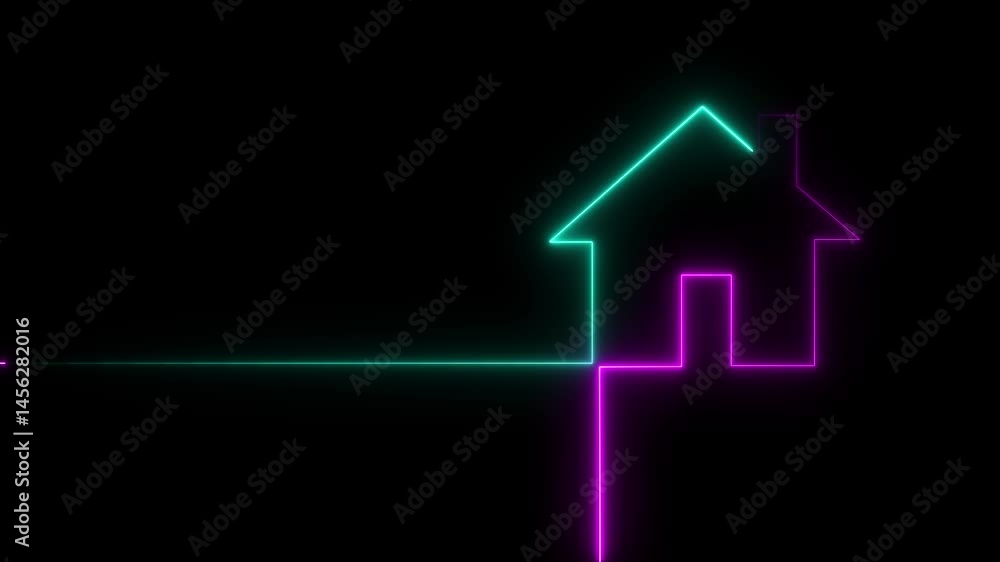 Animated neon house icon with a glowing line abstract in dark space Animated neon house icon with a glowing line abstract in dark space