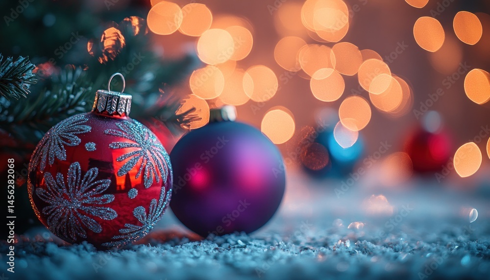 Fototapeta premium Vibrant Christmas Ornaments with Warm Bokeh Lights on Soft Surface for Festive Holiday Atmosphere