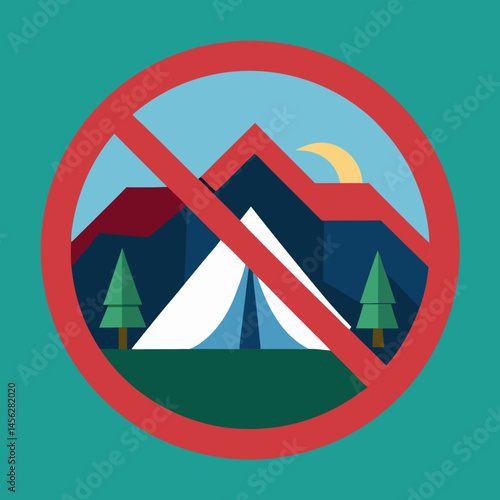 No camping sign illustrating prohibition in natural reserves, vector design for outdoor regulations