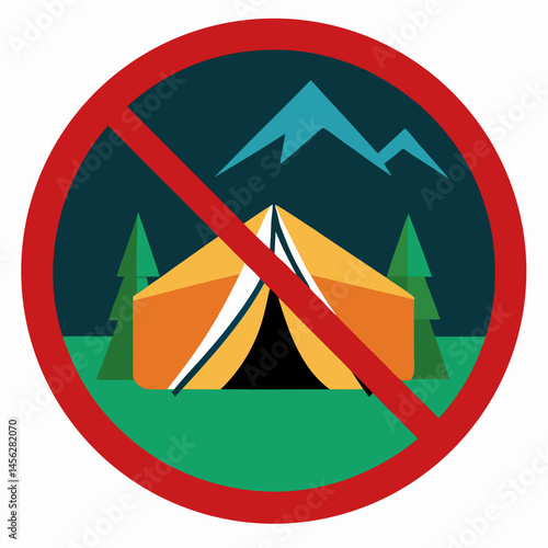 No camping sign illustrating prohibition for parks and recreation areas, vector design for outdoor policies