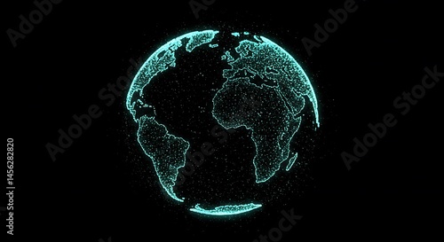 Fototapeta Naklejka Na Ścianę i Meble -  black and white minimalist sketch, planet earth hologram posed of particles, with sparkling teal tones, subject at top, clear copy space below