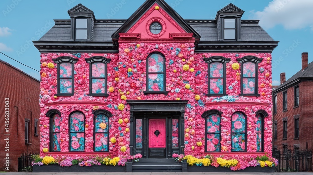 Fototapeta premium Whimsical abode bedecked in floral delight a vibrant architectural marvel a delightful visual treat a celebration of artistic spirit