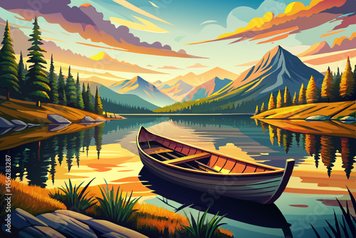 wooden canoe resting by the edge of a calm lake, reflecting pristine mountain peaks and lush pine forests under peaceful natural light vector. Ideal for outdoor adventure, travel, nature serenity