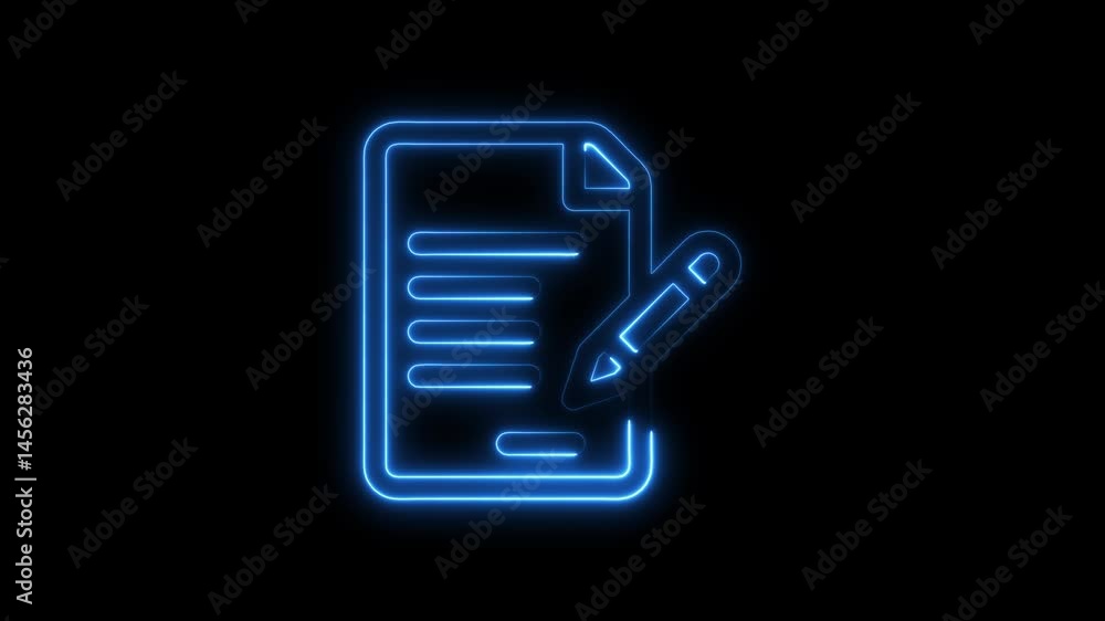 Animated neon document with pen glowing on black background simple and clean visuals Animated neon document with pen glowing on black background simple and clean visuals