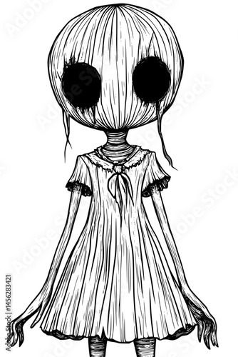 Creepy Doll With Missing Eyes, coloring book style, vector design
