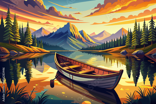 wooden canoe resting by the edge of a calm lake, reflecting pristine mountain peaks and lush pine forests under peaceful natural light vector. Ideal for outdoor adventure, travel, nature serenity
