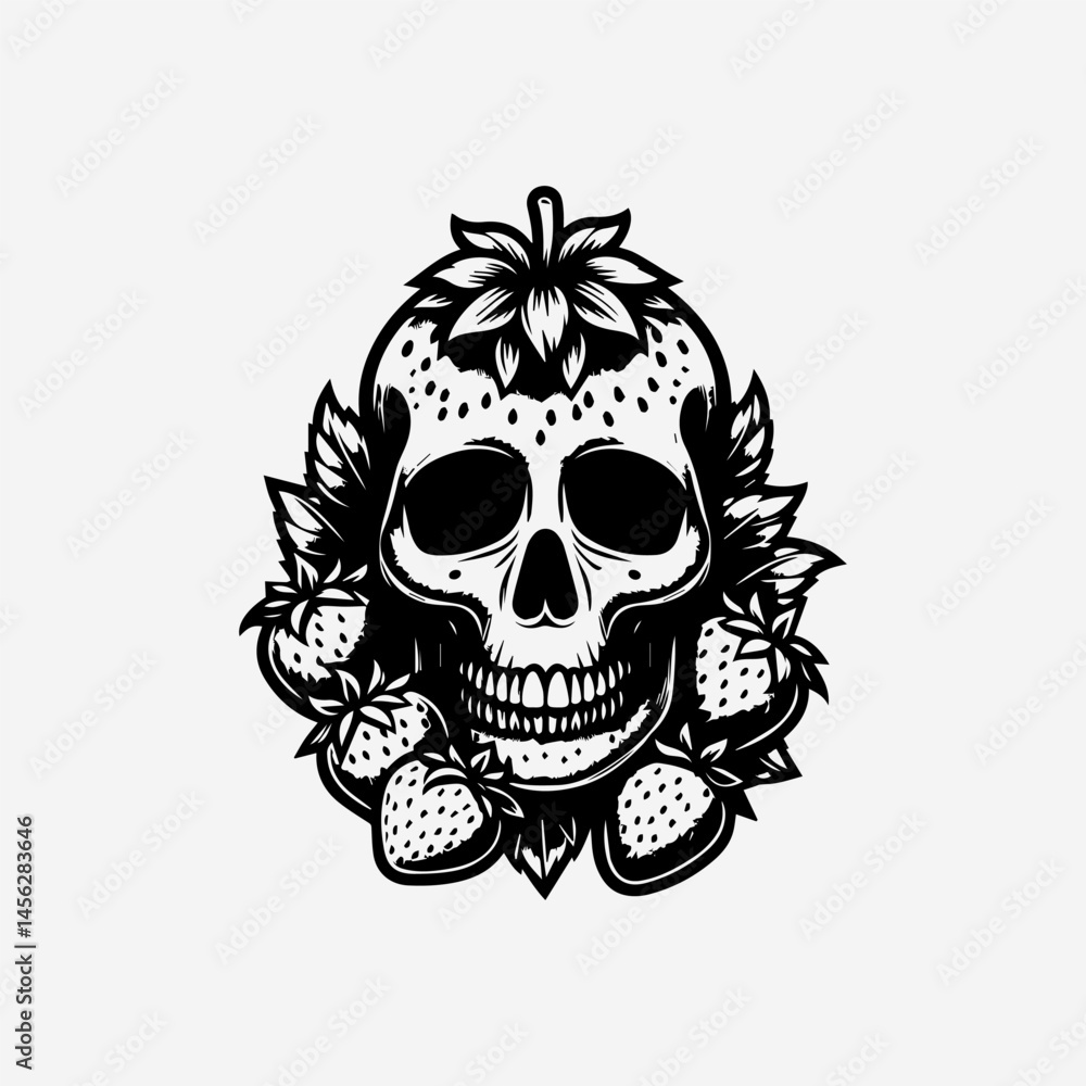 Fototapeta premium Ornate monochrome skull textured with strawberry seeds and topped with leaves in surreal food-themed illustration 