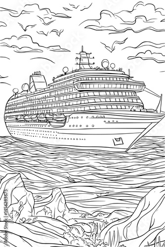 Cruise Ship Sailing Toward Sunset Horizon, coloring book style, vector design