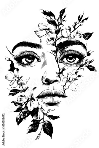 Cut-Out Eyes Over Vintage Flowers, coloring book style, vector design