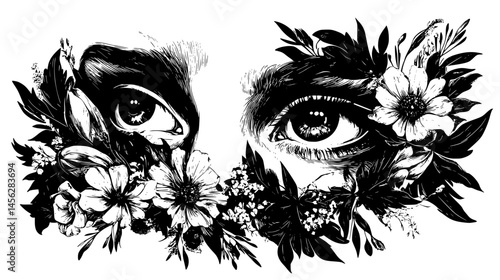 Cut-Out Eyes Over Vintage Flowers, vector design