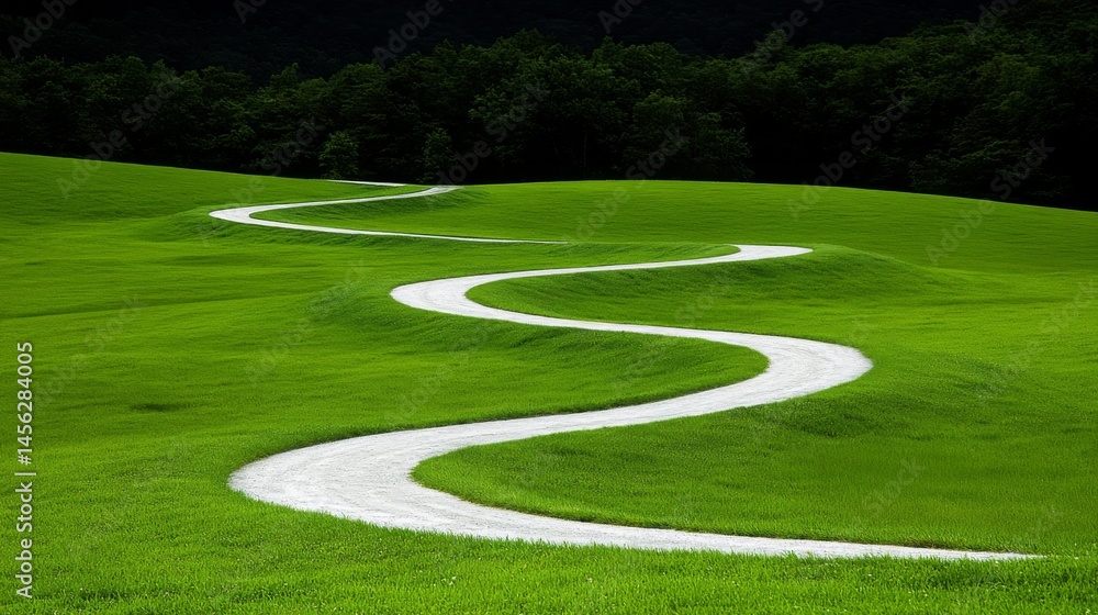 Obraz premium Serpentine pathway winding through lush green fields under a clear sky
