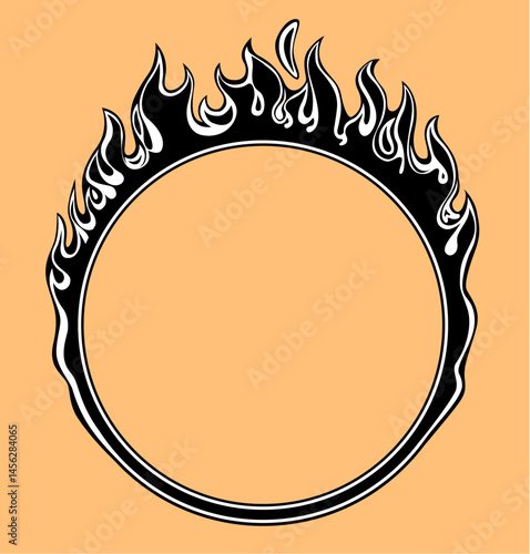 Black silhouette of fiery ring frame isolated on yellow background. Vector illustration in black and white vintage style 