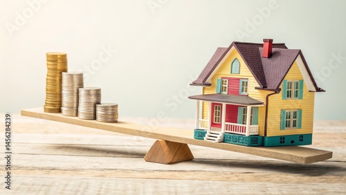 House Value vs. Savings Coin Stack and Seesaw, Real Estate Investment, Financial Planning, Homeownership Real Estate, Investment
