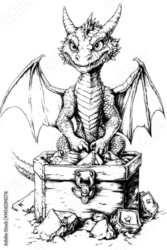 Dragon Guarding Mountain Treasure Hoard, coloring book style, vector design