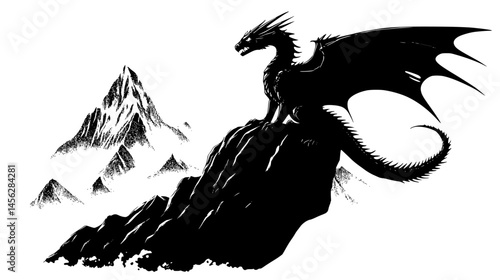 Dragon Perched Atop Mountain Throne, vector design