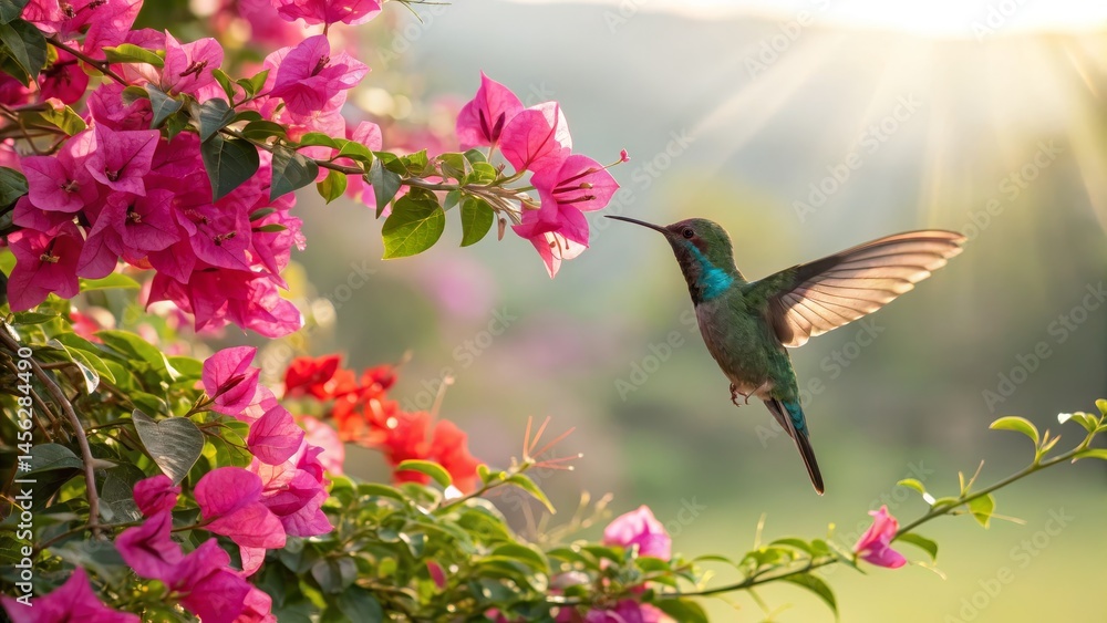 Fototapeta premium Hummingbird at Bougainvillea Sunlit Composition, Vibrant Colors, Nature Photography, Bird, Flower Hummingbird, Bougainvillea