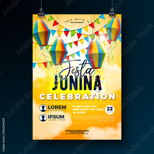 Festa Junina Party Flyer Design with Flags, Paper Lantern and Typography on Yellow Background. Vector Brazil June Festival Illustration for Celebration Poster or Holiday Invitation. Traditional Festa