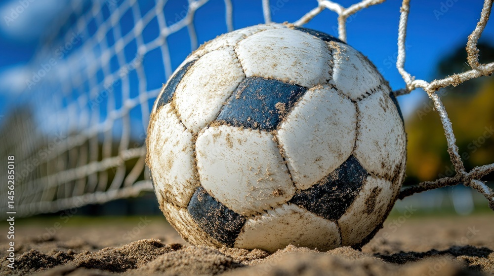 Naklejka premium Dirty soccer ball nestled in sand, near a net