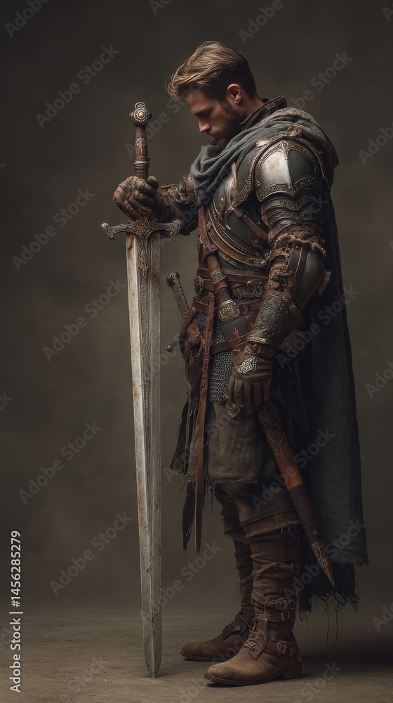 Obraz premium Medieval knight in battle-worn armor holding sword with solemn expression.