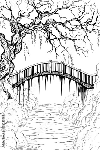 Floating Island With Connected Bridges, coloring book style, vector design