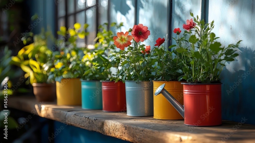 Fototapeta premium A vibrant display of colorful flower pots with varied blooms and greenery on a wooden shelf.