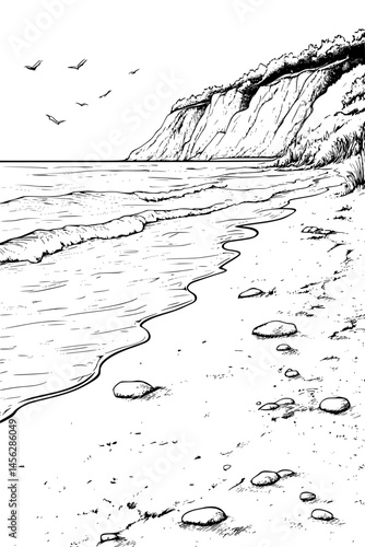 Footprints Fading In Smooth Shore, coloring book style, vector design