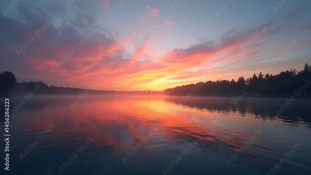 Fototapeta premium Spectacular Sunrise Over the Tranquil Lake With Golden Reflection in the water, with silhouette forest view