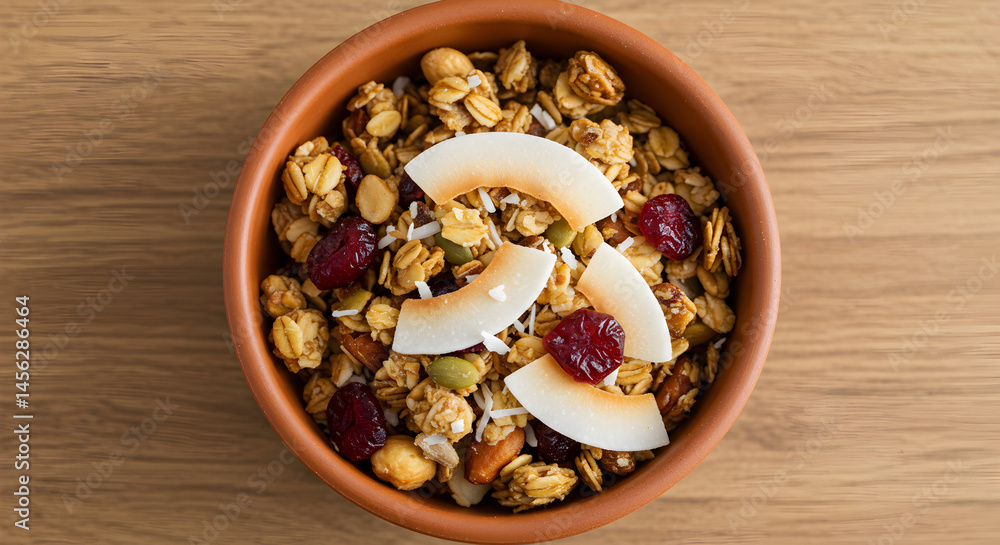 Homemade Granola Bowl With Dried Cranberries And Toasted Coconut Slices Homemade Granola Bowl With Dried Cranberries And Toasted Coconut Slices