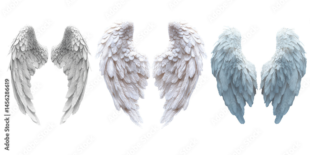 Obraz premium Angel wings, soft feathers, pure white tone represents divine presence, conveying guardian spirit within mystical fantasy atmosphere, isolated on transparent background