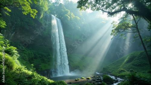Lush Waterfall in Sunbeams ...