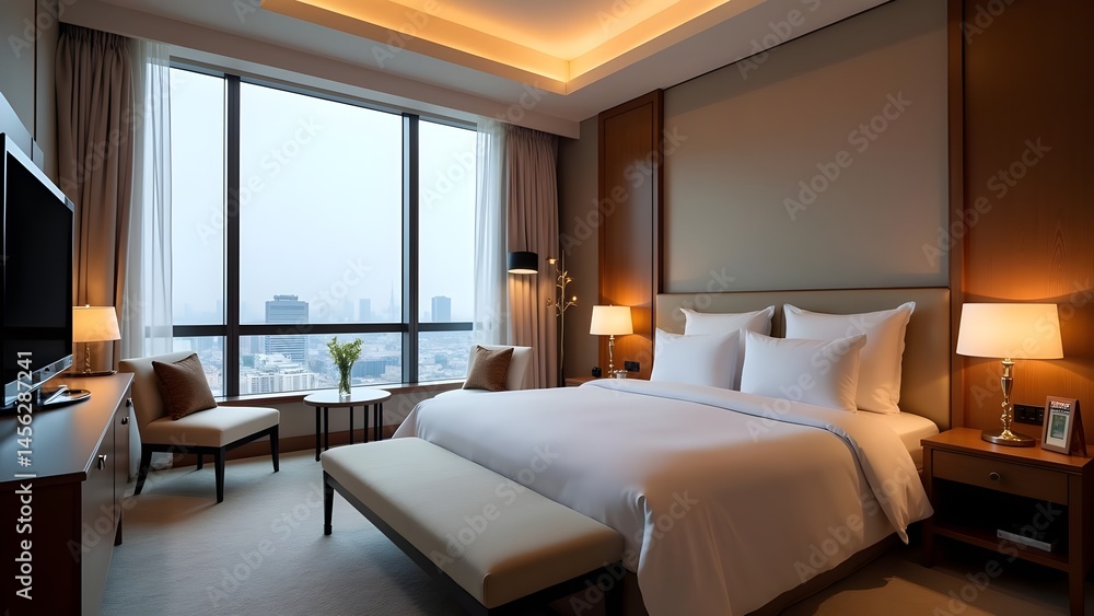 Fototapeta premium Modern Hotel Room Interior with City View and Elegant Design. Deluxe Hotel Room Featuring Comfortable Bed