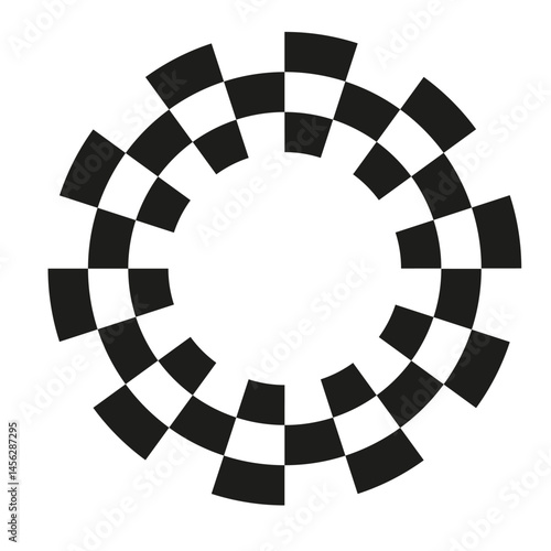 Abstract checkered circle frame vector illustration. Vintage black and white alternating square tiles circular border. Checkerboard round race flag.